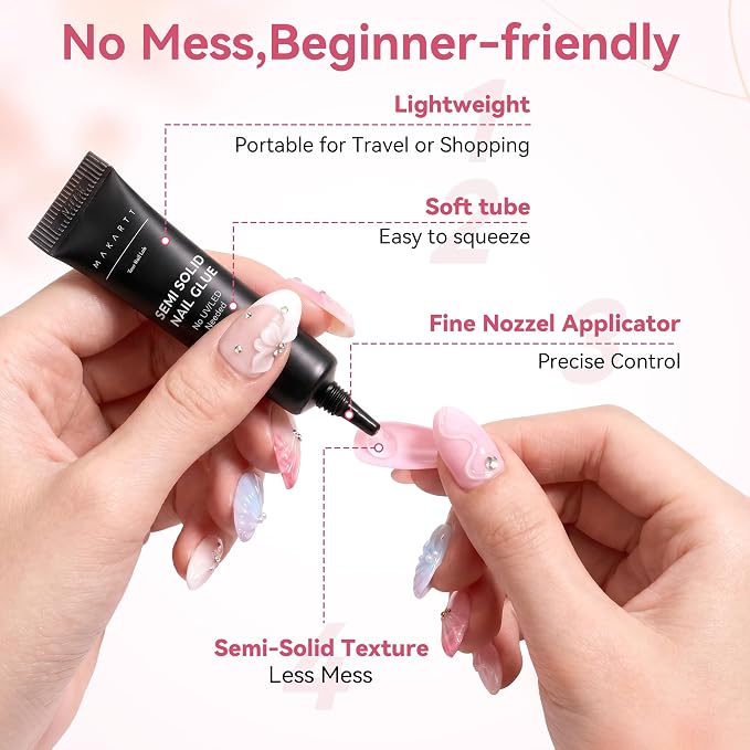 Makartt Press On Nail Glue: 10ML, 20s Air Dry, Semi Solid No Mess,Hema-Free | No UV Lamp Needed, Strong & Long-Lasting, Gap-Filling for Flat or Curved Nails, Adjustable for Beginners, Precise Control