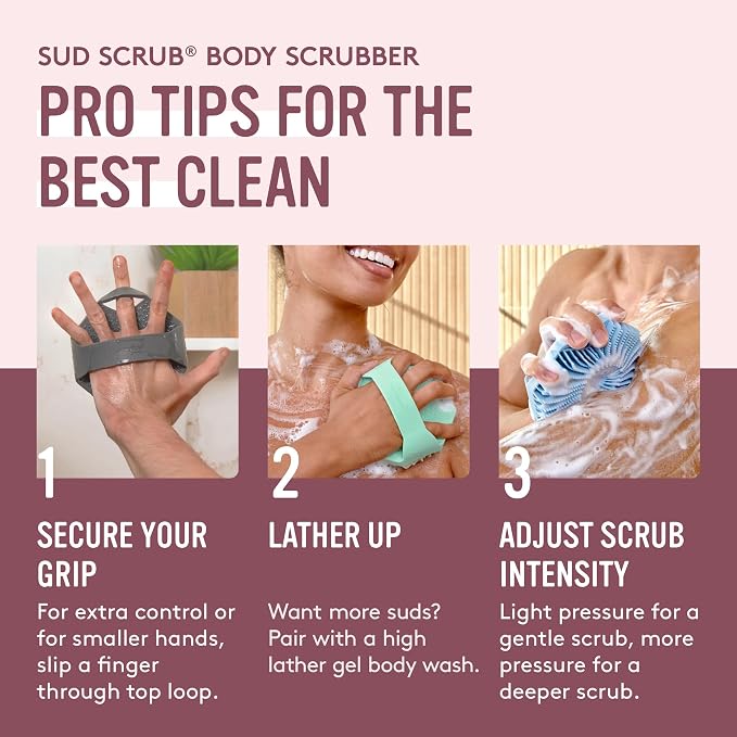 Sud Scrub® Antimicrobial Silicone Body Scrubber, Exfoliating Body Brush for Sensitive Skin, Antibacterial Shower Scrubber for Body, Bathroom Essentials for Men & Women, Pink
