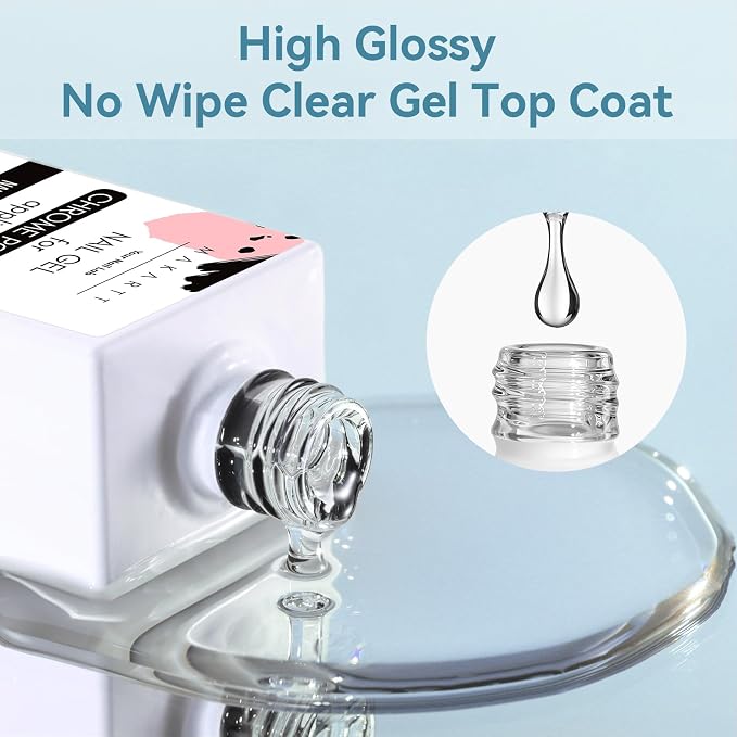 Makartt Gel Top Coat for Chrome Nail Powder 2 Pcs 15ml Clear No Wipe | High Gloss Mirror Shine Top Coat Gel Nail Polish Long Lasting Easy Application, Soak off UV Lamp, DIY Home Salon Art Design
