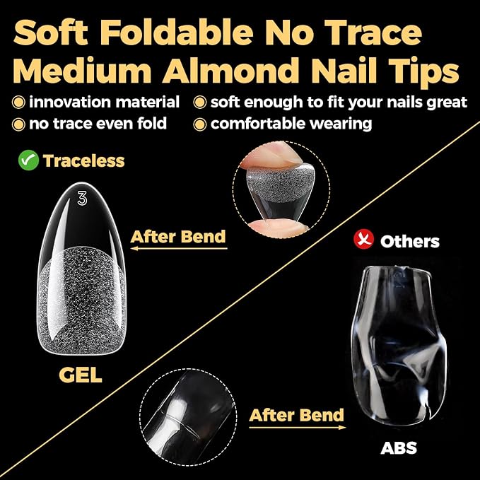 UNA GELLA 600 Pcs Almond Gel Nail Tips, Pre Etched Medium Almond Nail Tips | Full Cover Fake Clear Press On Nails for Flat & Curved Nails Bed Extension Home DIY Salon 12 Sizes