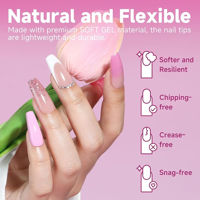 UNA GELLA Medium Coffin Nails Tips Soft Gel 120pcs Half Matte | Nail Tips Coffin Full Cover Fake Acrylic Nails Clear Coffin Press on Nails for Nail Extensions Home DIY Salon 12 Sizes