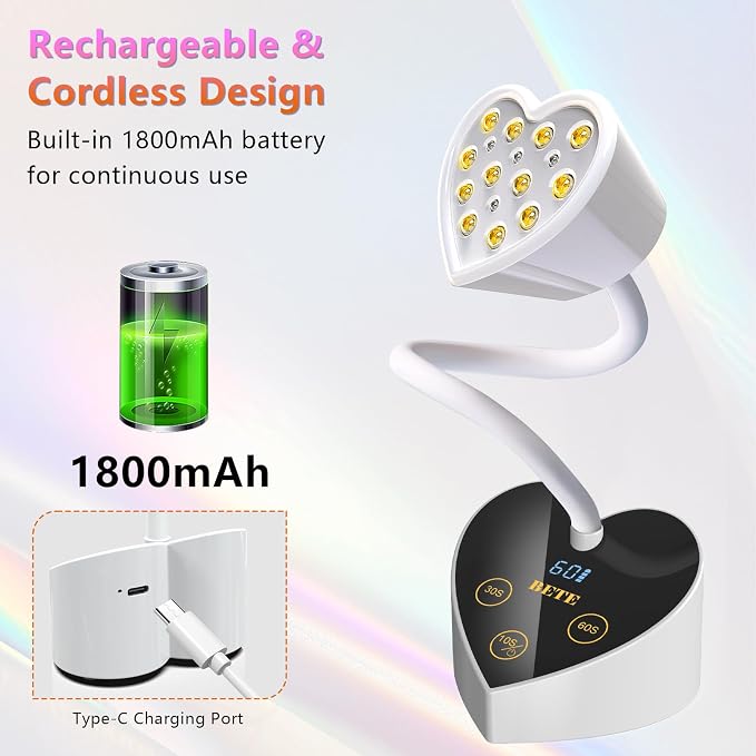 BETE Mini UV Nail Lamp Flash Cure Gel Nail Polish, 360° Foldable Gooseneck UV LED Nail Lamp with Smart Sensor, USB Portable Cordless 30W Rechargeable Nail Dryer with 3 Timers for Salon Home DIY