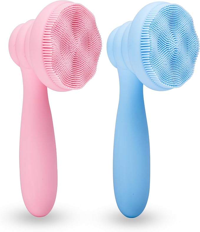 MtBoi 2 PC Silicone Facial Cleansing Brush Facial Scrubber Manual Exfoliating Facial Brush Face Cleanser Face Exfoliator Ultrafine Bristles for Sensitive Skin Easy to Clean Lather Well (Pink&Blue)
