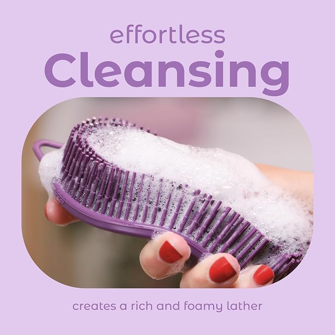 MainBasics Silicone Body Scrubber Dual-Sided, Purple, Massage | Shower Scrubber with Massage Nodes, Silicone Loofah Alternative for Deep Clean