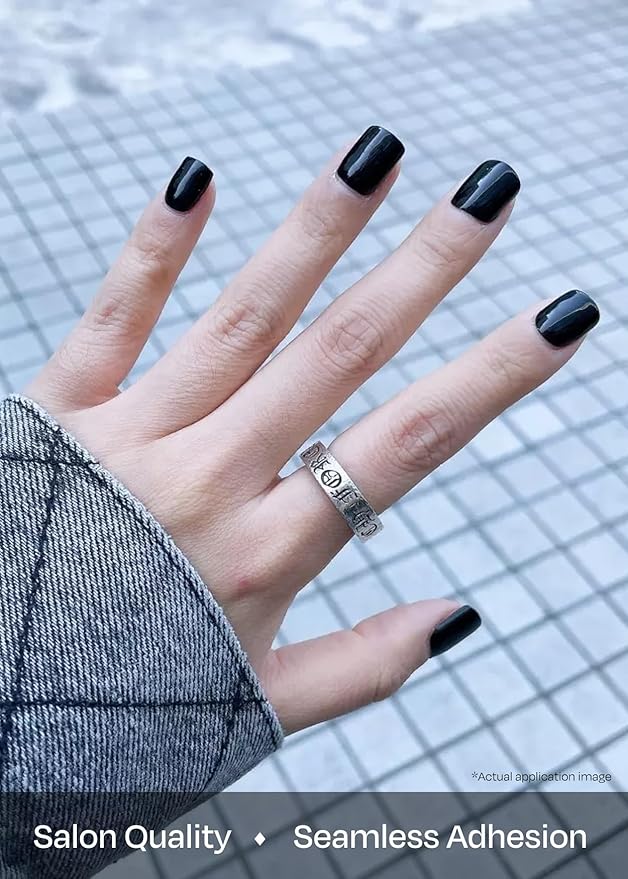 ohora Semi Cured Gel Nail Strips (N Onyx) - Dark, Solid, Works with Any UV/LED Lamps, Salon-Quality, Long Lasting, Easy to Apply & Remove - Includes 2 Prep Pads, Nail File & Wooden Stick
