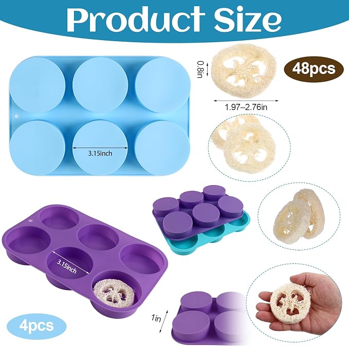 48 Pcs Natural Loofah Sponges 4 Pcs 3 Inch Round Silicone Soap Molds Cylinder Shower Steamer Molds for Loofah Soap Bath Bombs Shower Steamer Lotion Bars for Women and Men