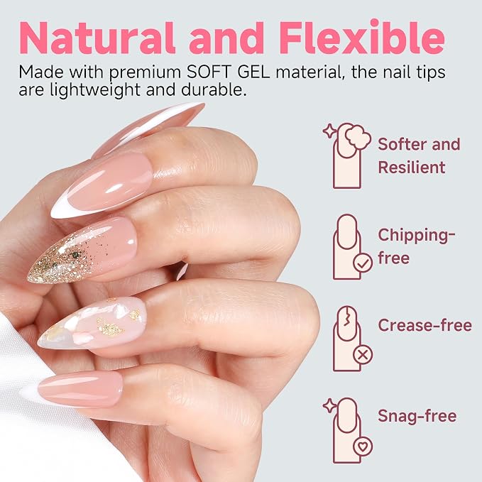 UNA GELLA Medium Stiletto Nail Tips Full Cover Soft Gel 120pcs 12 Sizes | Pre-etched Stiletto Almond Press on Nails Clear Acrylic Fake False Nails for Nail Extensions Home DIY Salon