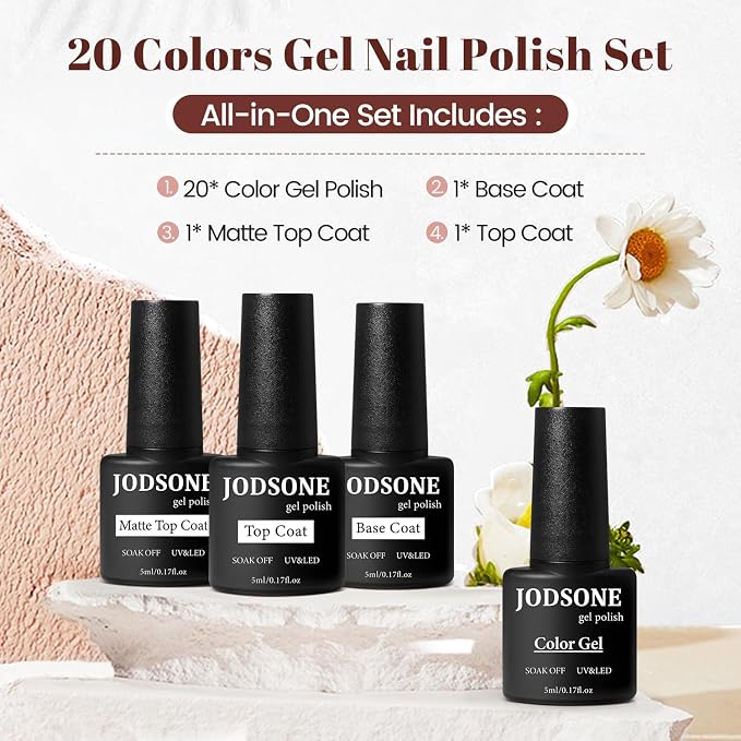 JODSONE 23 PCS Gel Nail Polish Set with Base Glossy and Matte Top Coat Multicolored Gel Nail Long Lasting Suitable for All Seasons
