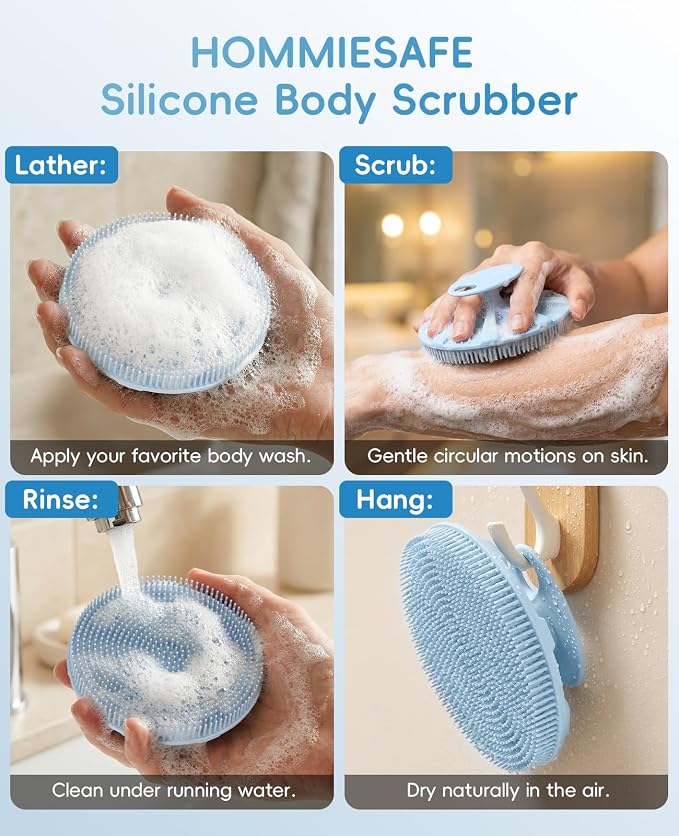 Soft Silicone Shower Brush Body Wash Bath Exfoliating Skin Massage Scrubber | 2 Pack Dry Skin Brushing Glove Loofah, Fit for Sensitive and All Kinds of Skin(Sky Blue+Black)