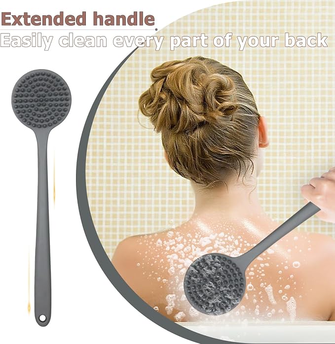 Long Handle Silicone Back Scrubber,Double-Sided for All Skin Types(Gray | For Back & Legs & Feet, Travel & Business & Daily, Rich Lather,Anti-Slip Handle, Easy Hanging