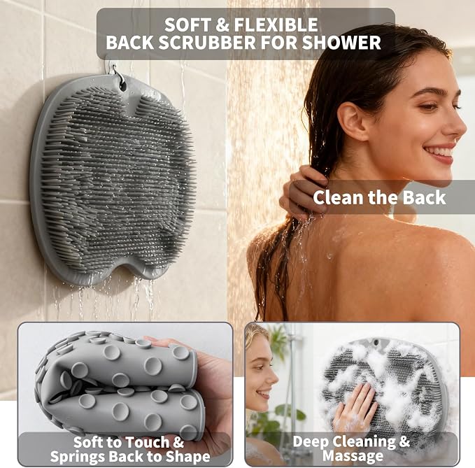 Shower Foot Scrubber Mat with 3 Types of Upgraded Brushes for Massage, Shower Back Scrubber with Micro Suction Cups,Back Washer,Shower Scrubber for Body at Home Spa (Gray)