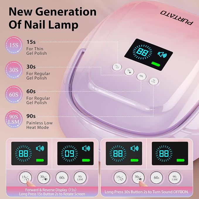 Purtato Cordless Rechargeable UV Nail Lamp, UV Light for Gel Nails with 4 Timer Settings, 126W Professional Fast Curing Nail Dryer for Gel Polish for Salon or Home (Purple&Pink)