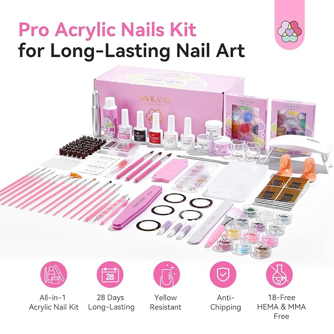 SAVILAND Acrylic Nail Kit with Drill and U V Light for Nail Extension | Hema & mma free, 3 gel nail polishes, long lasting, prevents lifting & chipping, non-yellowing, complete manicure tools