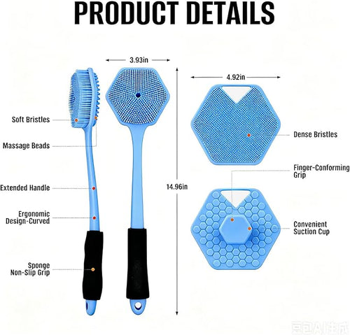 14" Silicone Back Scrubber for Shower, Long Handle Body Brush | Soft Bristles Exfoliate&Massage Skin. Non-Slip Grip, Reach Full Back Easily. Ideal for Men&Women, Bath Use. Blue.