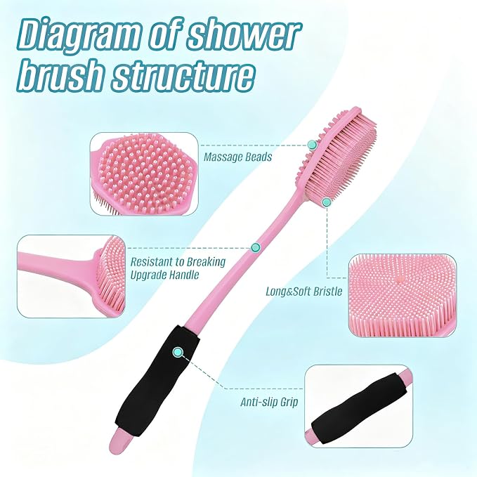 14" Silicone Back Scrubber for Shower, Long Handle Body Brush | Soft Bristles Exfoliate&Massage Skin. Non-Slip Grip, Reach Full Back Easily. Ideal for Men&Women, Bath Use. Pink.