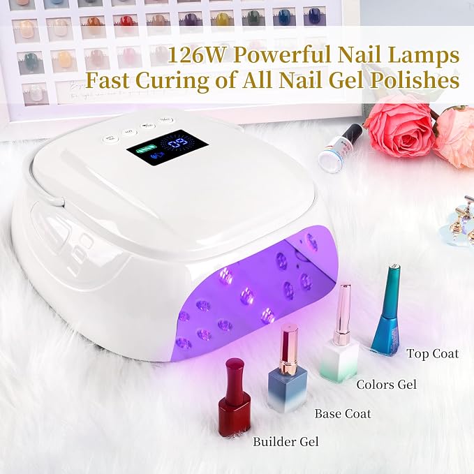 126W Rechargeable UV LED Nail Lamp, Portable Cordless Nail Dryer with Auto Sensor and 4 Timer Settings, Professional Curing Lamp for Gel Polish and Salon (White)