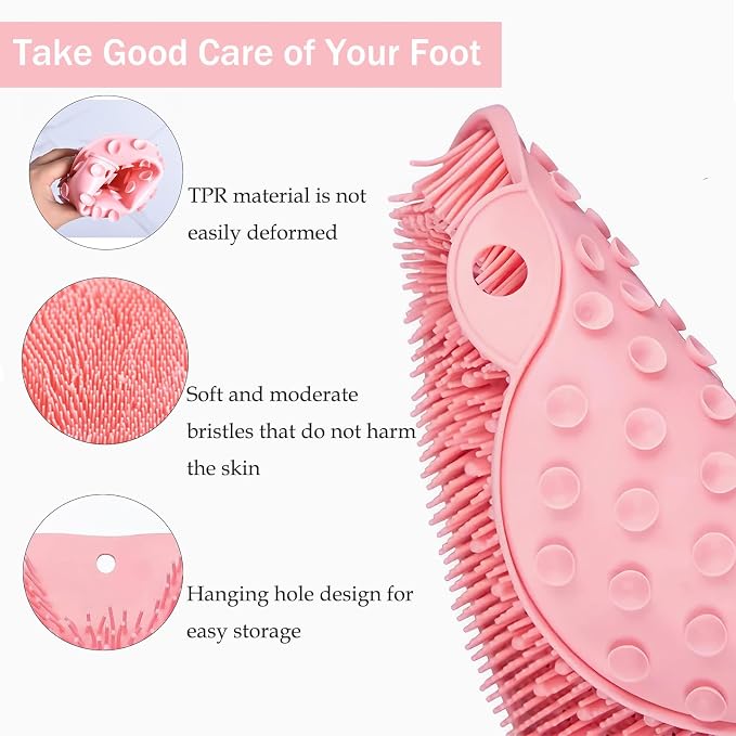 Shower Foot and Back Scrubber Mat,Wall Mounted Shower Foot Scrubber with Suction Cups,Exfoliating Silicone Massage Cleaner Mat(Pink)