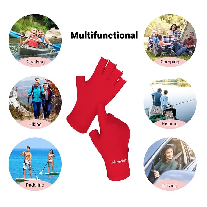 MelodySusie Premium Fingerless Protection UV Gloves for Gel Manicures | UPF50+ UV Blocking Fabric, Protect Hands from Sun and Nail Dryer Harm,Unisex for Salon & Home Gel Manicure,Red