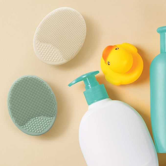 S&T INC. Cradle Cap Brush for Baby, 2 Pack, 2" x 2.5", Sage and Cream | Exfoliating and Massaging, Cleansing Brush for Baby, Silicone Bristles, Rinses Clean, Suction Cup Handle