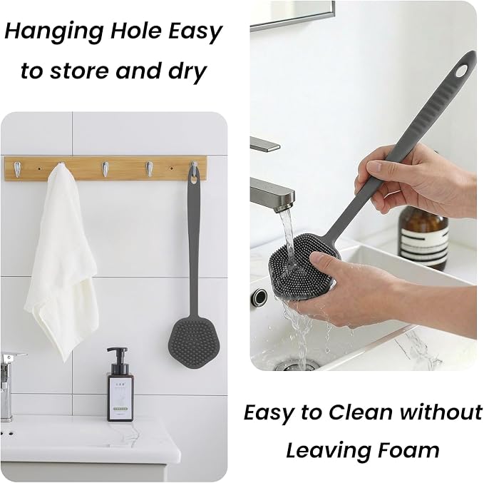 Redfly Silicone Back Scrubber for Shower Brush, 17 inch Long Handled Silicone Body Scrubber for Men & Women, Double Sided Shower Scrubber for Body Brush Exfoliator and Massage, Gray