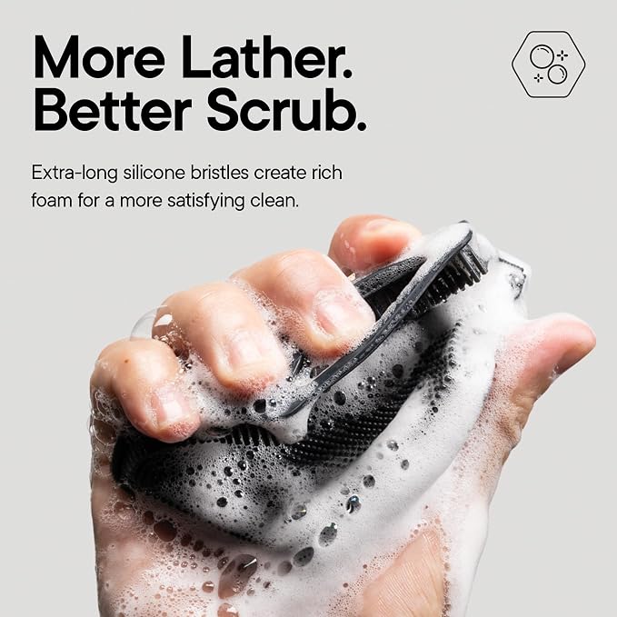 TOOLETRIES Silicone Body Scrubber 2.0, Shower Scrubber with Hook - Charcoal | Hygienic loofah alternative for gentle exfoliation. Quick drying and ideal for sensitive skin.