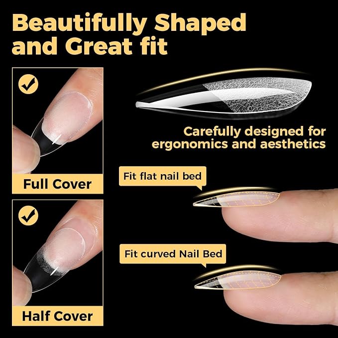 UNA GELLA 600 Pcs Almond Gel Nail Tips, Pre Etched Medium Almond Nail Tips | Full Cover Fake Clear Press On Nails for Flat & Curved Nails Bed Extension Home DIY Salon 12 Sizes
