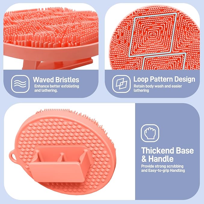 Silicone Body Scrubber 2PCS, Hygienic Silicone Loofah with Waved Bristles and Non-Slip Handle, Durable Body Buffer Shower Scrubber for Gentle Exfoliating & Lathering(Black+Pink)