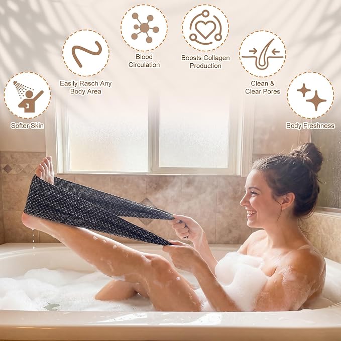 Mindsoft 1 Pcs Exfoliating Shower Towel Premium Scrub Wash Cloth for Body Face 2-in-1 Shower Towel for Smooth Skin Exfoliating Washcloth with 2 Sides for All Skin Types for Women Men (Black)