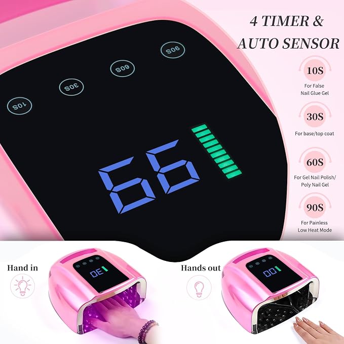 96W Rechargeable UV LED Nail Lamp, Cordless UV Light for Nails with LCD Display Auto Sensor, 4 Timer Setting and Smart Sensor Nail Dryer,Nail Cure Light with Removable Bottom(Pink)