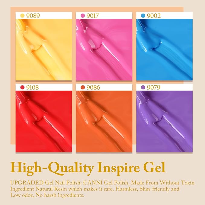 CANNI 9ML Gel Nail Polish Set, 6 Rainbow Shades UV LED Soak Off Gel Polish | Smooth Application • Highly Pigmented • Glossy Finish • Long-Lasting Wear • Nail Art • Salon DIY Manicure • Easy Application