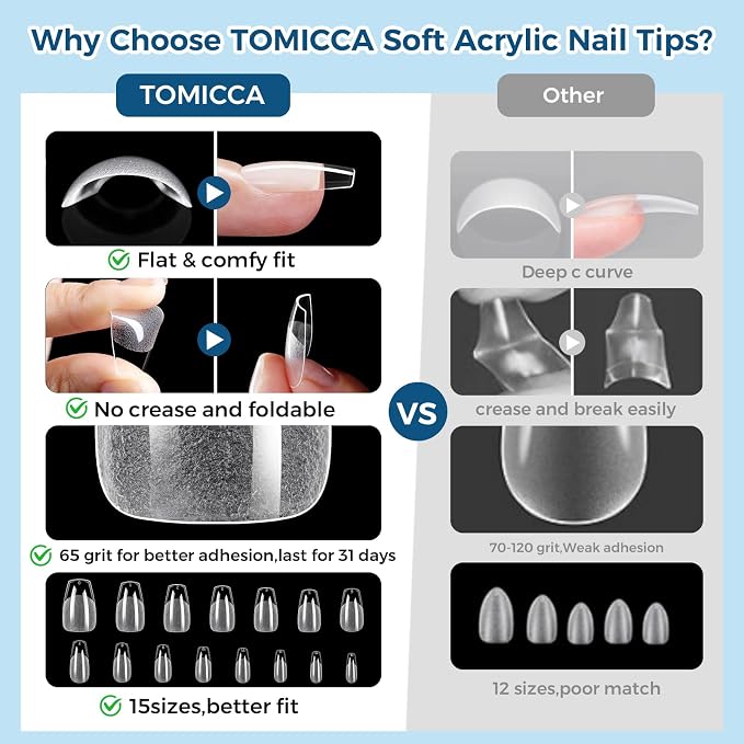 TOMICCA Short Coffin Nail Tips, 240pcs 15 Sizes, Soft Gel Tips | Half Matte Pre-Shaped Full Cover Clear Fake Nails, Acrylic Press on Nails for Extension, Beginners and Professional Salon