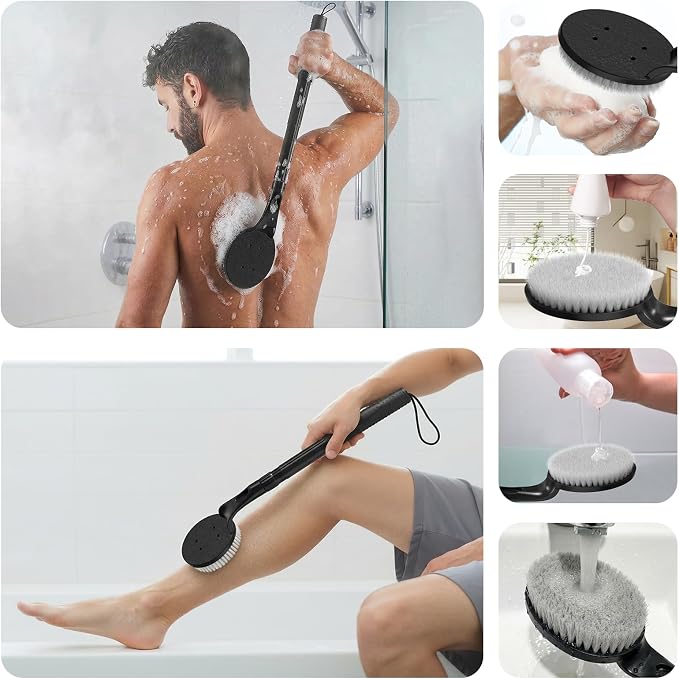 Long Handle Back Scrubber for Shower, 25.7” Telescopic Anti-Slip Bath Brush, Easy Reach Back Cleaner for Exfoliating Dead Skin, Great for Elderly, Disabled & Hard-to-Reach Areas