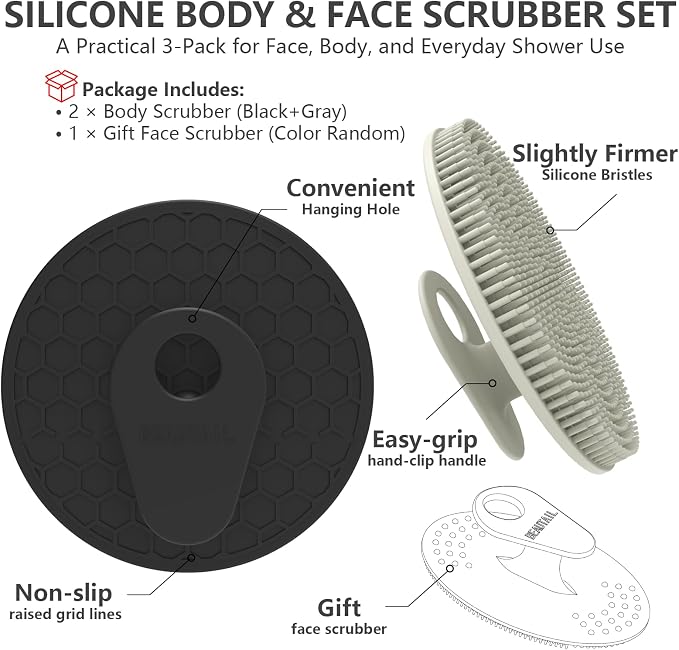 Silicone Body & Face Scrubber Set 3 Pack, BEAUTAIL Gentle Shower Scrubber | Hygienic Silicone Loofah, Easy-Grip Handle, Soft Exfoliating Bath Brush for Sensitive Skin, Women, Men & Kids (Black+Gray)