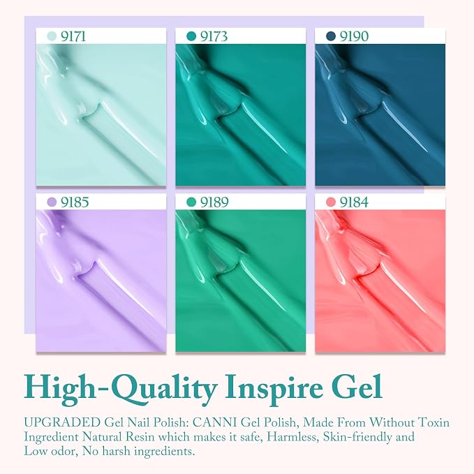 CANNI 9ML Gel Nail Polish Set, 6 Blue Green Shades UV LED Soak Off Gel | Smooth Application • Highly Pigmented • Glossy Finish • Long-Lasting Wear • Nail Art • Salon DIY Manicure • Easy Application
