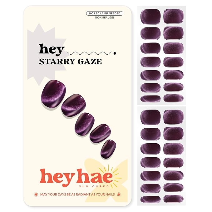 Heyhae Semi Cured Gel Nail Strips Salon Quality - Hey, Starry Gaze | No UV Light Needed | Salon Quality, Easy Apply & Remove | 28 Strips, 1 Prep Pad, Nail File, Wooden Stick | Purple Cateye
