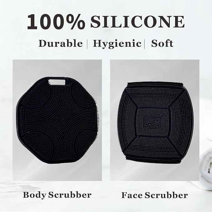 Silicone Body Scrubber & Face Scrubber Set, Shower Scrubber with Soft Bristles, Non-Slip Scrubbies for Body, Face Scrubber Exfoliator for Sensitive Skin(Black+Black)