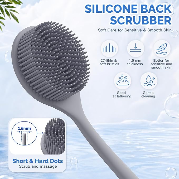 Manmihealth Silicone Back Scrubber & Soft Shower Brushes Set 2PCS Gray | Silicone Body Scrubber with Thin Dense Bristles & Bath Glove Brush Combination, Super Lathering & Exfoliating