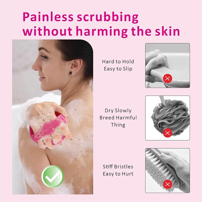 Silicone Body Scrubber Shower Brush,Super Exfoliating Body Brush with Non-Slip Strap-Effective Showering Exfoliation and Gentle Massage for Men Wome,Durable Use Brush (Pink)