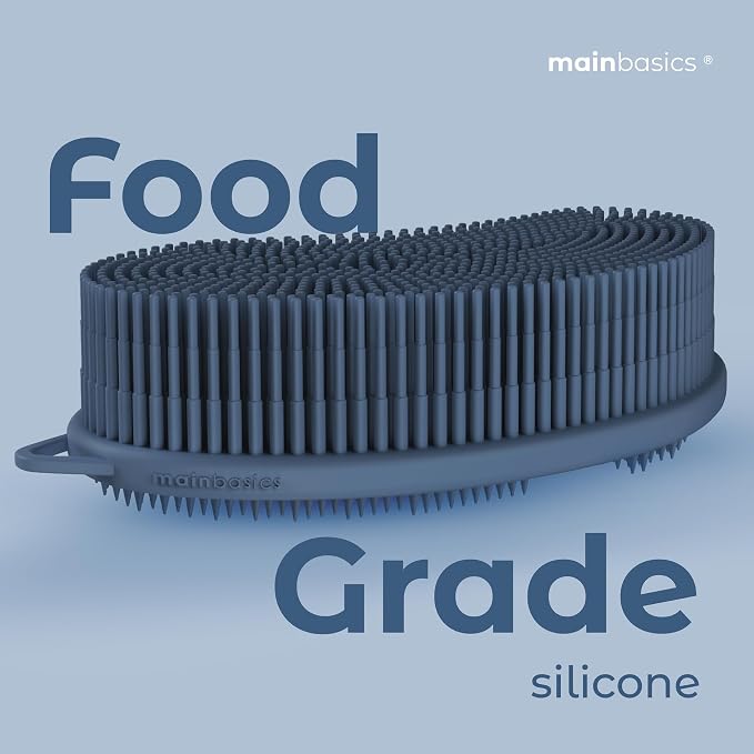 MainBasics Silicone Body Scrubber Dual-Sided, Dark Blue, Exfoliate | Shower Exfoliator for Men & Women, Gentle Silicone Loofah Alternative for Deep Clean