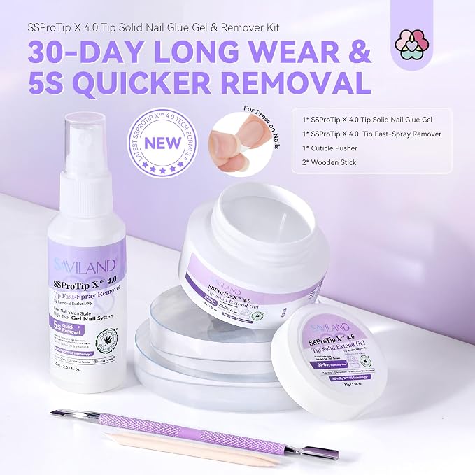 SAVILAND Nail Glue Gel & Nail Glue Remover: Quick Press on Nails Remover 30 g U V Glue Solid Hard Gel for Nails with Cuticle Pusher and Manicure Tools Long Lasting Castor Oil VE Supplies Tech