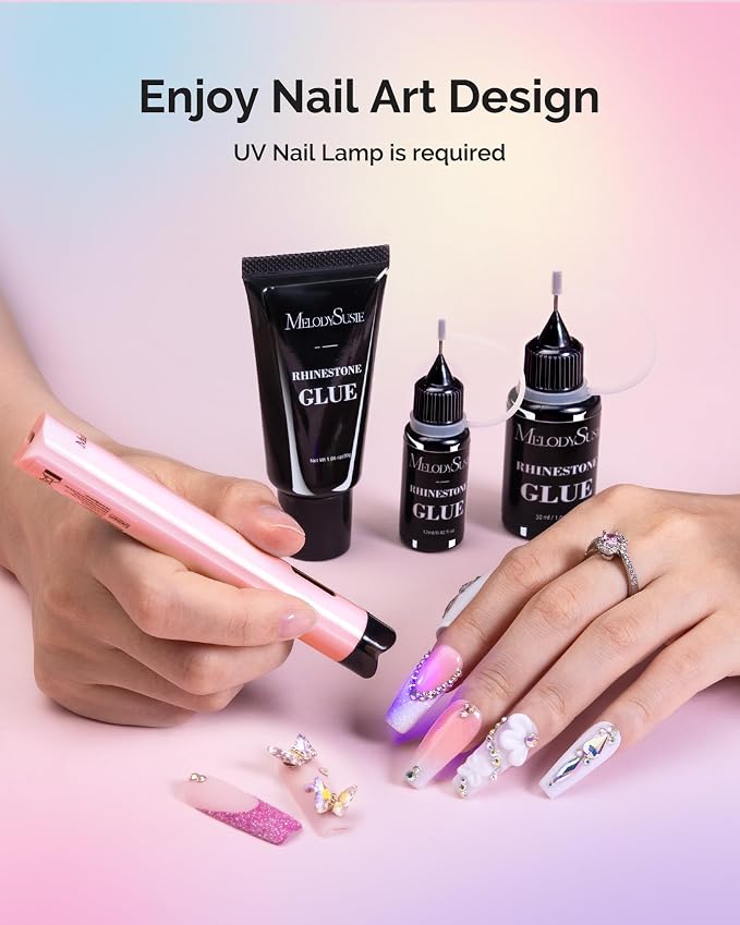 MelodySusie Pink Handheld UV Light for Gel Nails and Rhinestone Glue Kit | Cordless Spot Cure All Soft Gels 20s/60s Timer 450mAh Battery, Super Strong Gel Nail Glue Nail Art Design