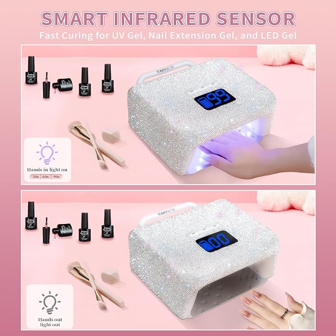 UV LED Nail Lamp with Portable Handle and Sparkly Rhinestones | Wireless Rechargeable Professional Curing Lamp, 220W UV Light for Gel Nails, LCD Display, Easy to Carry for Salon & Home
