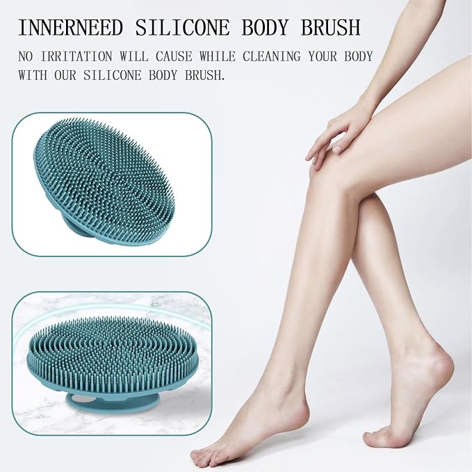 INNERNEED Food-Grade Soft Silicone Body Scrubber Shower Brush, Dark Green | Handheld Cleansing Skin Brush, Gentle Exfoliating and Lather Well, Hygienic Bath Scrub for Women, Men
