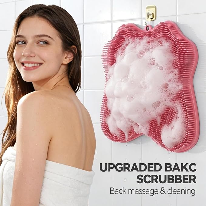 ozner Silicone Shower Foot Scrubber Mat,Back Washer Bath Wash Pad Exfoliating & Massage, Wall Mounted Slip Strong Suction Cups for Use in Cleaner Men and Women (Pink)