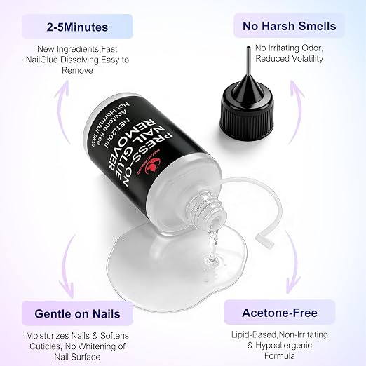 3 x 20ML Press-On Nail Glue Remover with Nail Removal Tool, Acetone-Free | Fast Glue Dissolver for Fake Nails, Adhesive Residue & Nail Polish, Not for Gel Polish