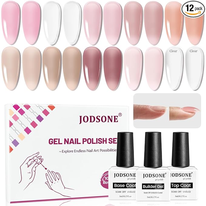 JODSONE 10 Colors Builder Nail Gel Polish Set with Base Coat and Top Coat No Wiping for Nails Strengthener Hard Nail Extension Gel LED Nail Lamp Cured
