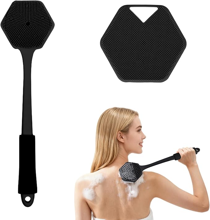 14" Silicone Back Scrubber for Shower, Long Handle Body Brush | Soft Bristles Exfoliate&Massage Skin. Non-Slip Grip, Reach Full Back Easily. Ideal for Men&Women, Bath Use. Black.