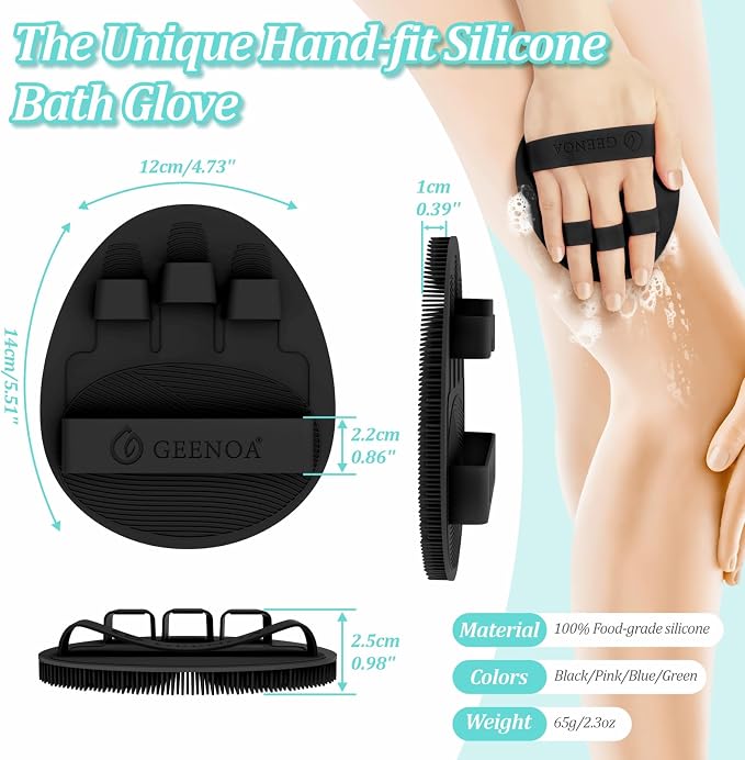 Upgrade Silicone Bath Glove with Straps, 360° Anti-Slip & Enlarged Exfoliating Body Scrubber for Rich Foaming Deep Cleaning, No-Grip & Hand-fit Shower Scrubber for All Skin Types(Blackx2)