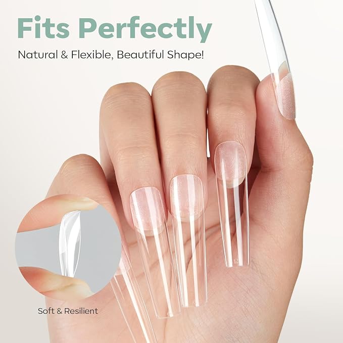 Modelones Long Square Nail Tips 3xxxl Straight Pre-shaped Soft Gel Fake Kit | Acrylic Clear Full Cover Press on Extension Kit Gel Manicure DIY at Home 216PCS 12Sizes