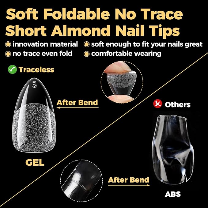 UNA GELLA Short Almond Gel Nail Tips, 600 Pcs Short Nail Tips Almond Shape | Pre-Filed Clear Press On Nails 12 Sizes Full Cover Fake Nails for Extension Home DIY Salon